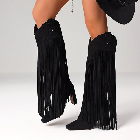 Women's Black Suede Knee High Fringe Boots Chunky Heel Tall Shoes Pull-On Party - Picture 5 of 6